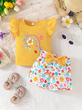 Garden Painting Pattern Print T-shirt with Bow Shorts Set